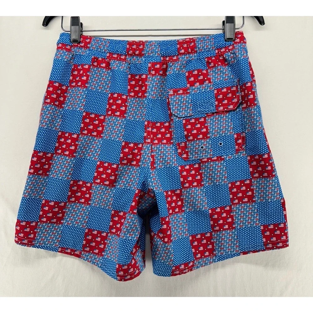 Vineyard Vines Boys Swim Trunks L Patriotic American Flag Patchwork Blue Red